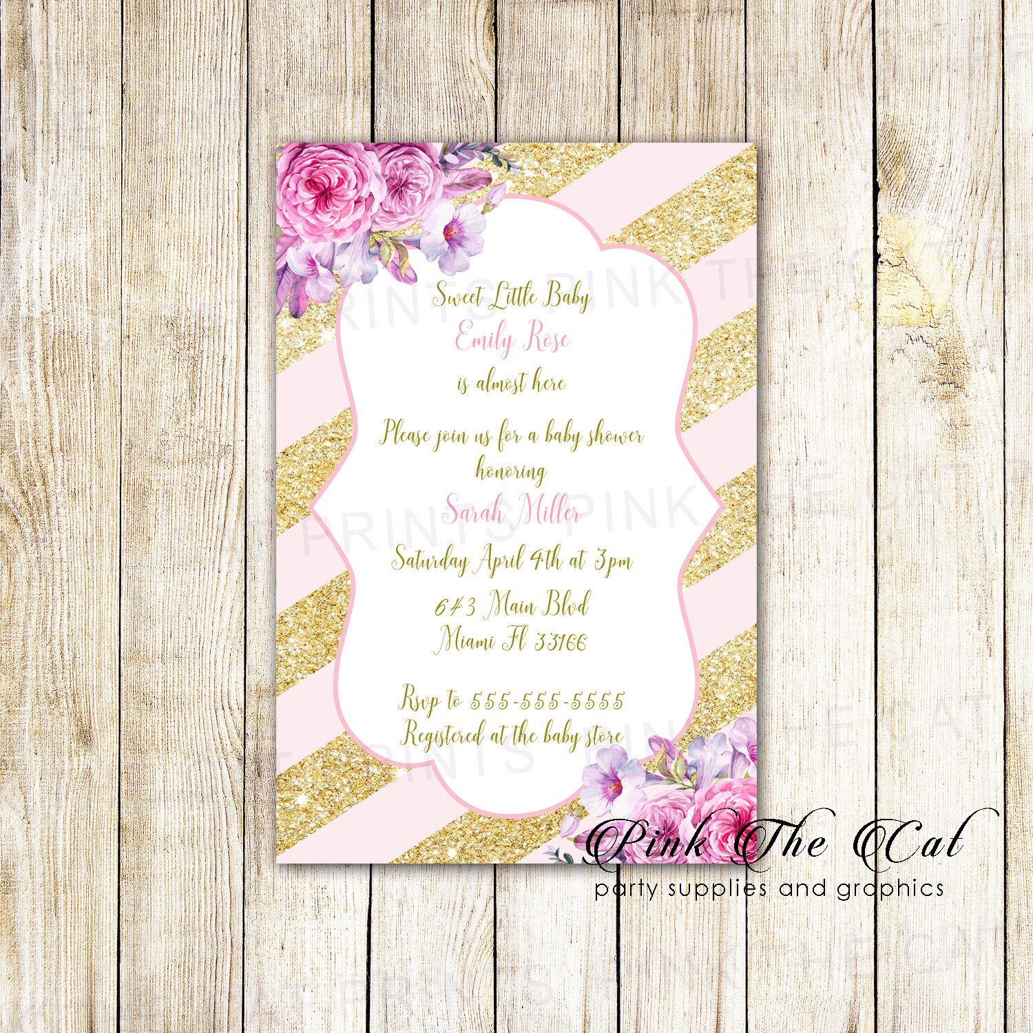 Blush Pink Glitter Gold Invitation, Baby Shower Invitation For Girls, Printable Or Printed