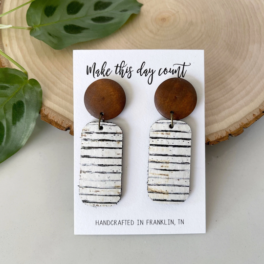 Leather & Wood Earrings | Black White Stripe Boho Dangle Drop Birthday Gift For Her Friend Or Wife
