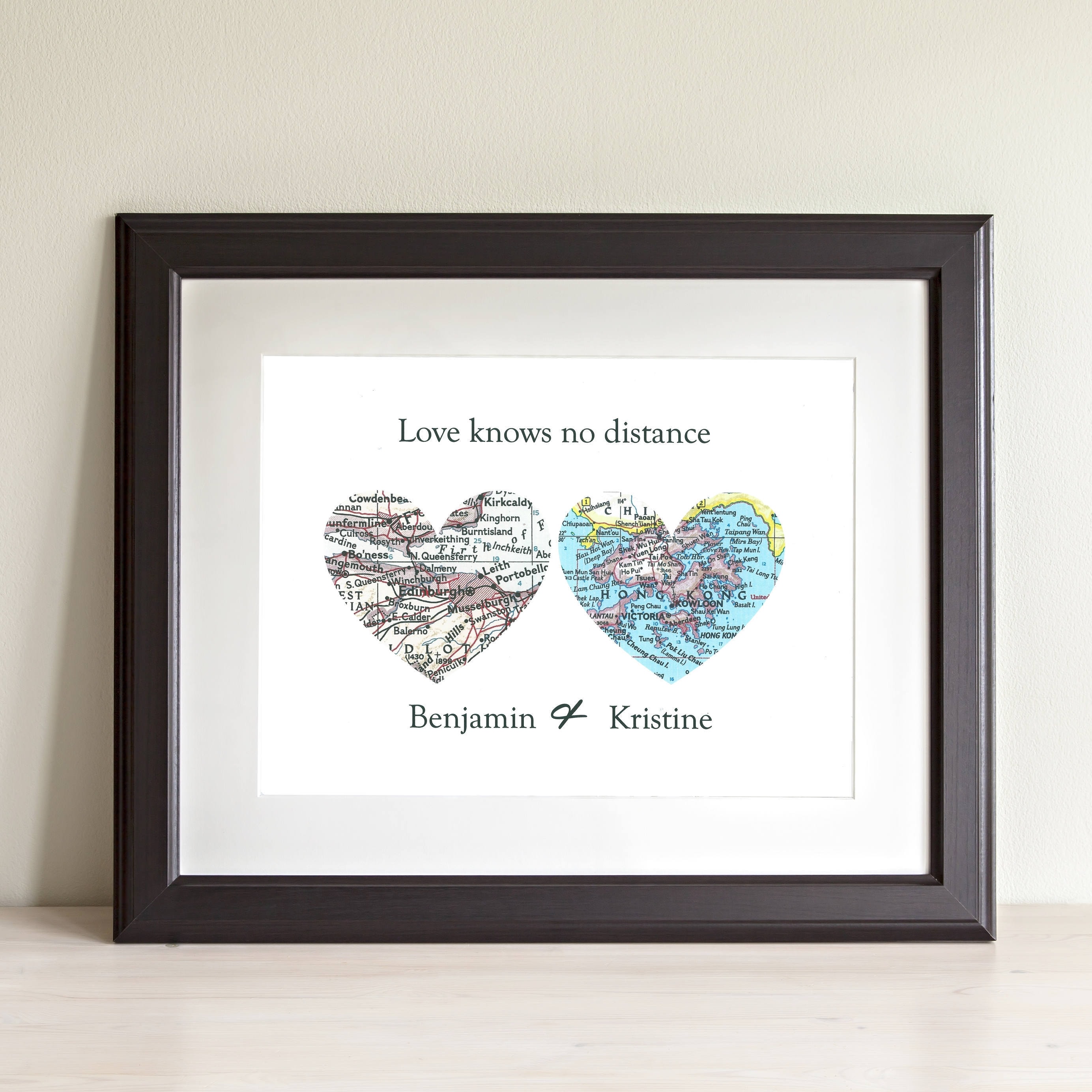 Love Knows No Distance Two Heart Map Art Print. Print Only No Frame. You Pick Cities Worldwide. Long Relationship Couples