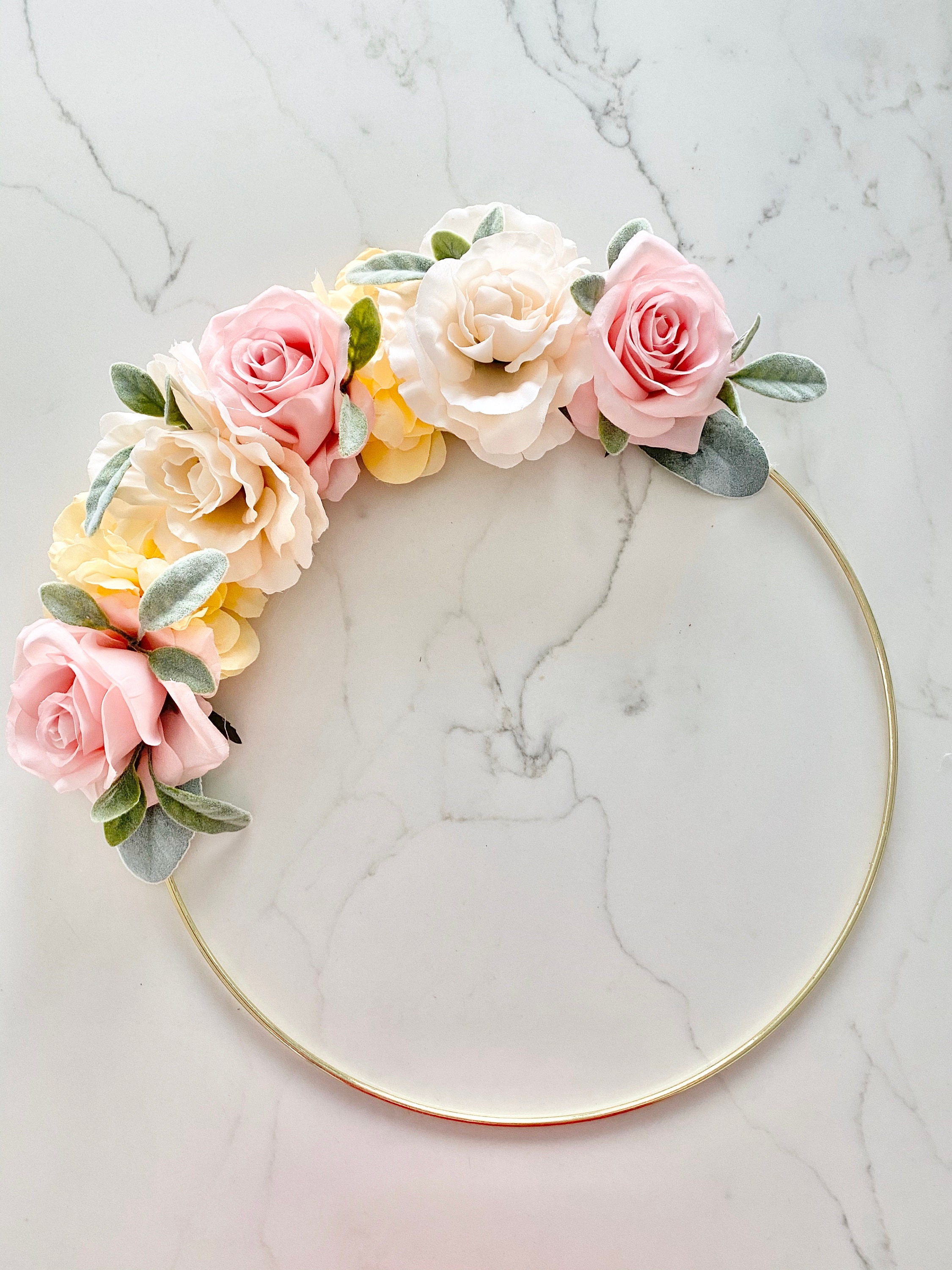 Pink & Yellow Nursery Decor Hoop Wreath Wall Art Girl Bedroom Boho