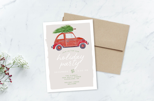 Vintage Car Tree Holiday Party, Printable Invitation