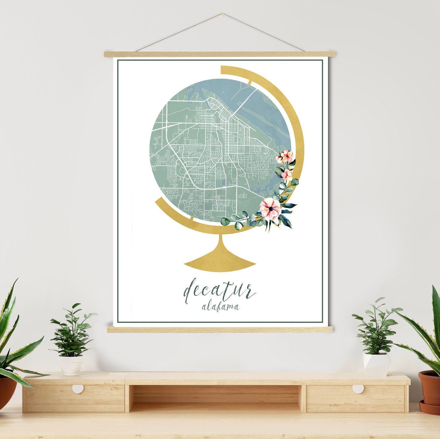 Decatur Alabama Globe Street Map | Hanging Canvas Of Printed Marketplace