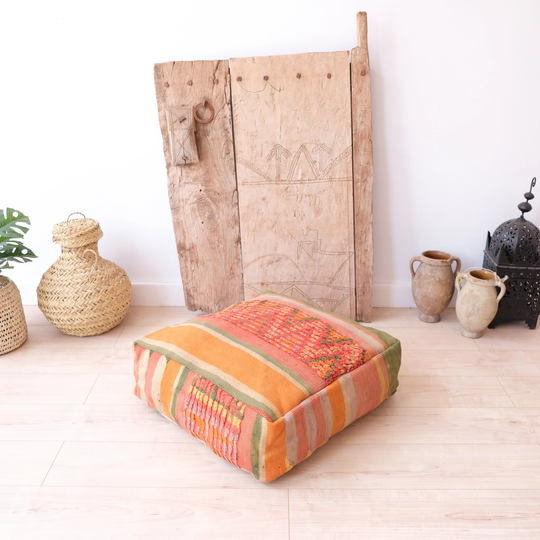 Moroccan Floor Cushion, Orange Kilim Pouf, Vintage Pouf