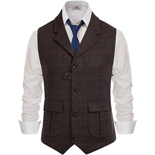 Mens Suit Vest Lapel Striped /Latticed Wool Tweed Blended Herringbone Silm Fit For Formal Casual Men's Vest Clothing 2021 - coffee, m