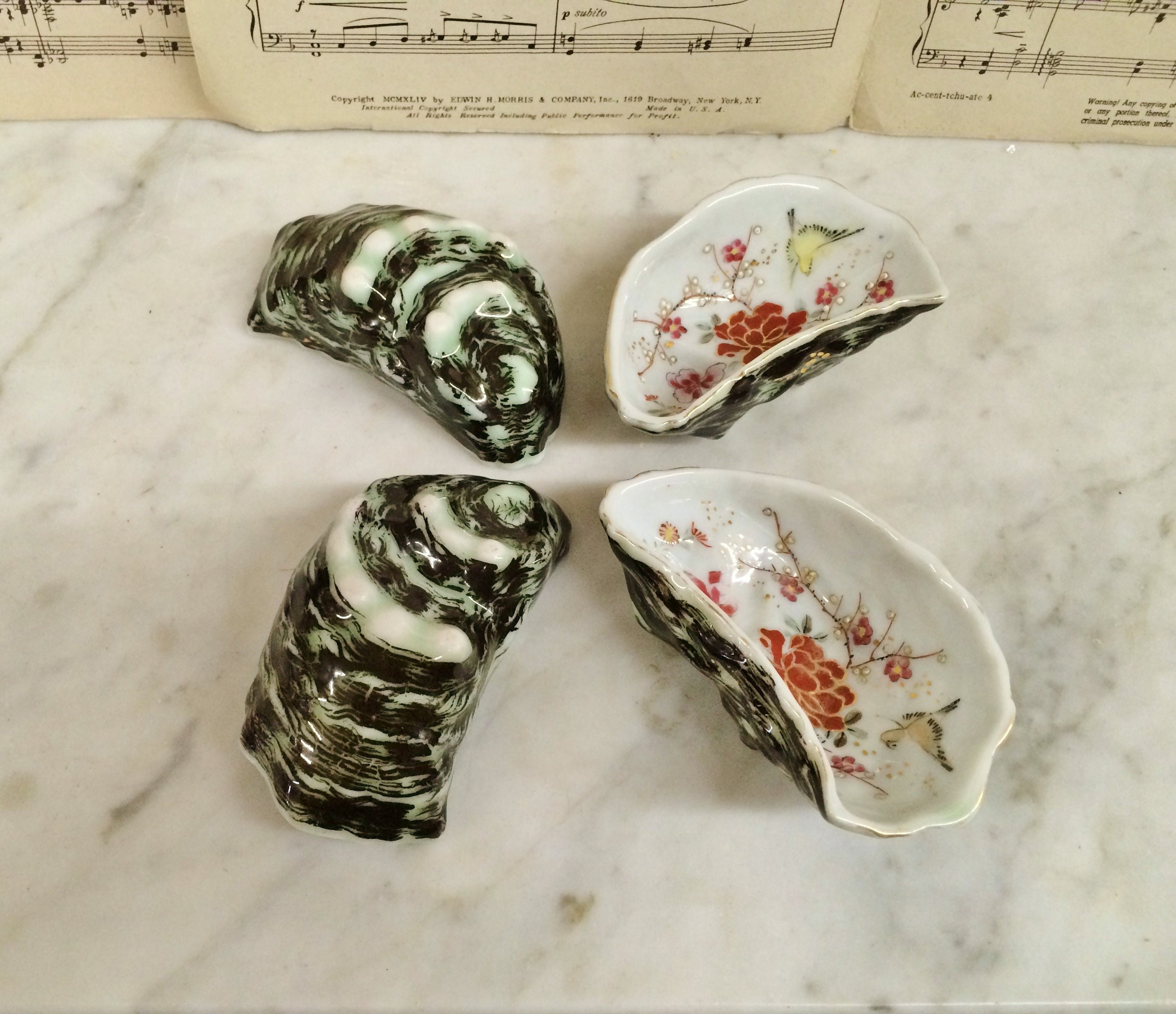 195.00 Japanese Kutani Oyster Shooter, Antique Hand Painted Oyster Dish, Fine Dining, Seafood Serving Porcelain Orientalia, 4 Shooters
