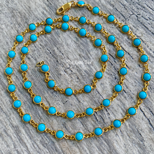 18K Solid Yellow Gold 19.8 Inch Necklace With Sleeping Beauty Turquoise Round Bezel