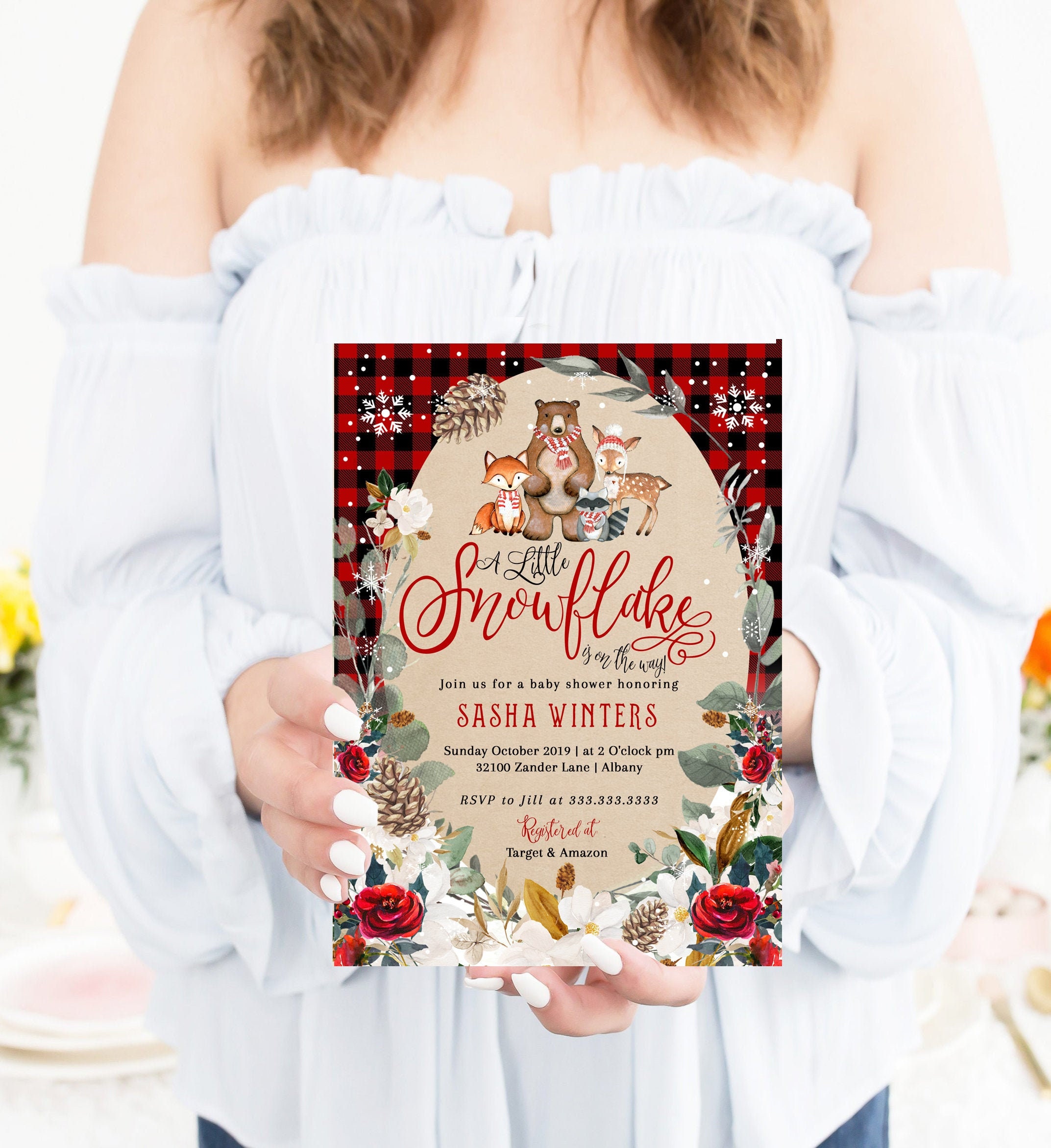 Snowflake Baby Shower Invitation, Holiday Shower, Woodland Christmas Invitation #14