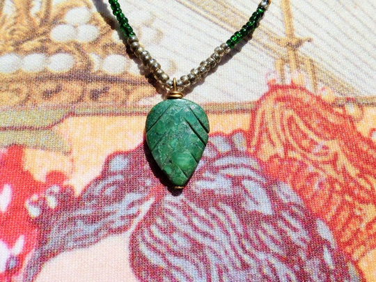 Vintage 1960S Jade Leaf Bead Pendant Necklace, 20'' Chain, Love Beads Very Good Condition, Wow