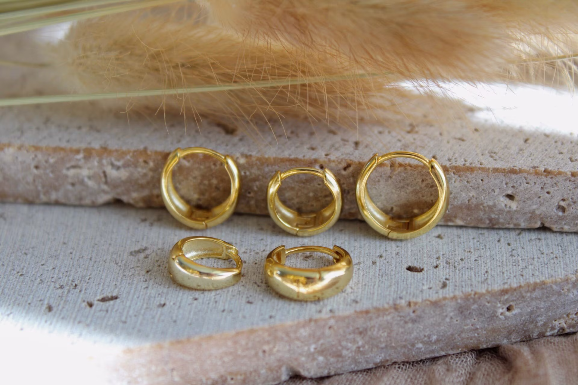 Gold Chunky Hoop Earrings | Oval Dome Hinged Huggie Hoops Sterling Silver Small Tiny Christmas Gift