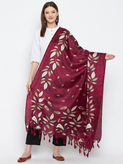Women's Silk Blend Fancy Maroon & Brown Printed Dupatta Free Shipping