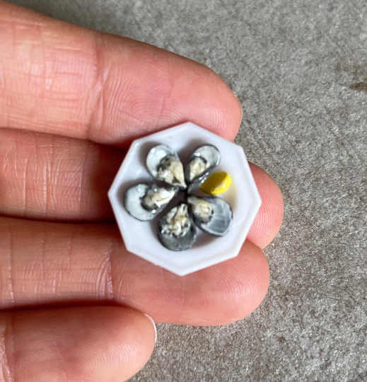 Miniature Dollhouse Plate Of Oysters With Lemon Wedge in 112 Scale One Inch Seafood