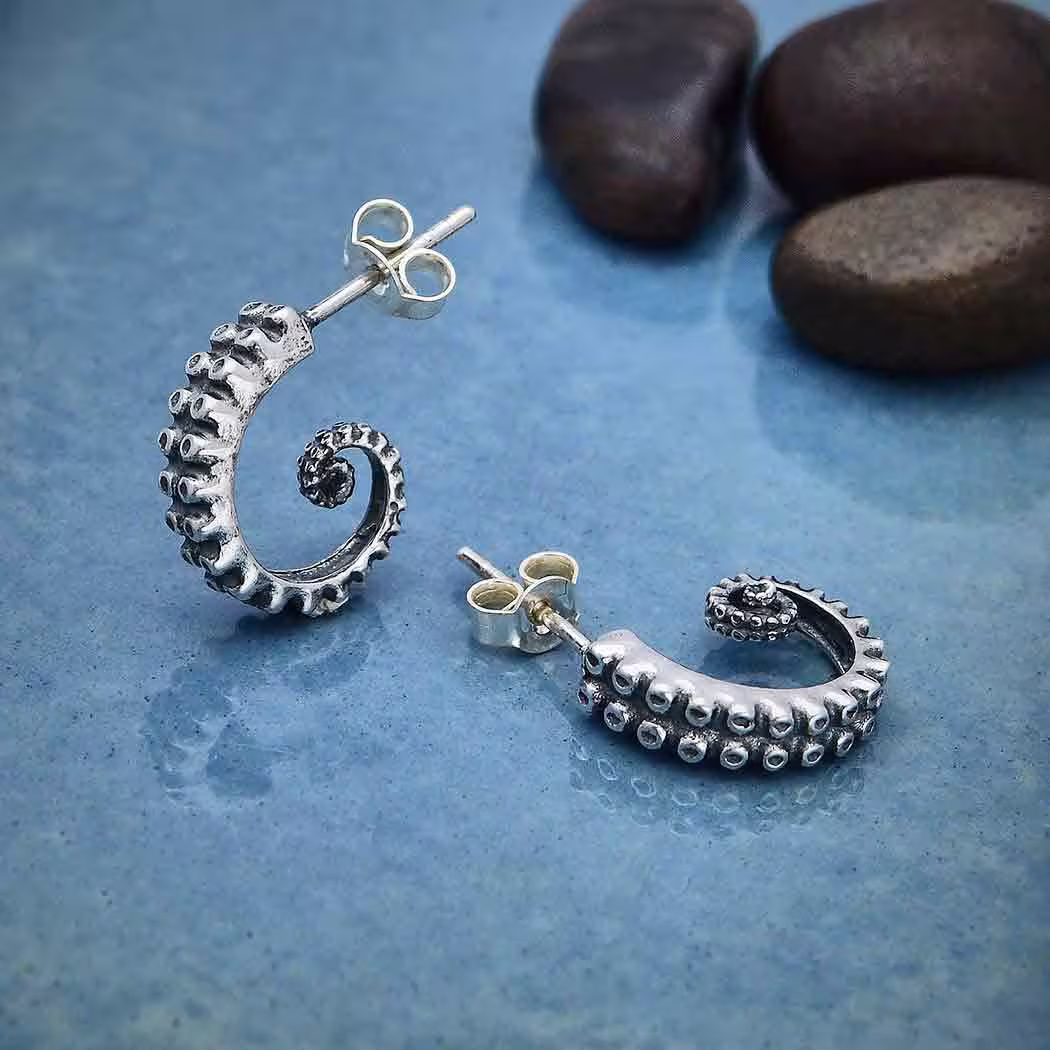 sterling Silver Octopus Tentacle Charm Necklace .925 Pendant. Earrings Jewelry