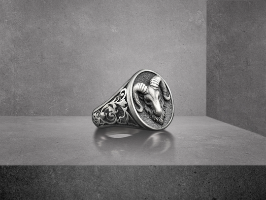 Aries Ram Mens Oval Signet Ring, Engraved Animal Ring For Boyfriend in Silver, Zodiac Sign To Husband, Memorial Gift Dad