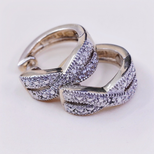 0.5", Vintage Vermeil Gold Over Sterling Silver Earrings, 925 Hoops, Huggie, With Diamond Details, Stamped