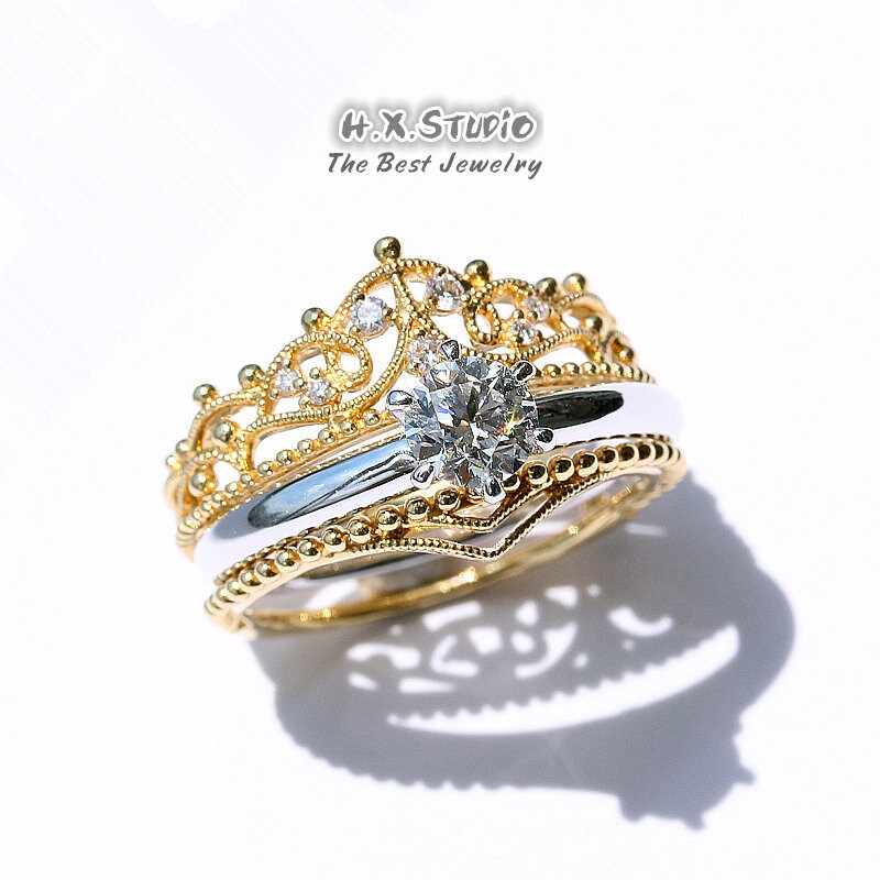 Diamond Solitaire Engagement Ring & Wrap Guard in Solid 18K Gold/Bridal Rings Set/Ring Enhancer/Custom Fine Jewelry/Gift For Her
