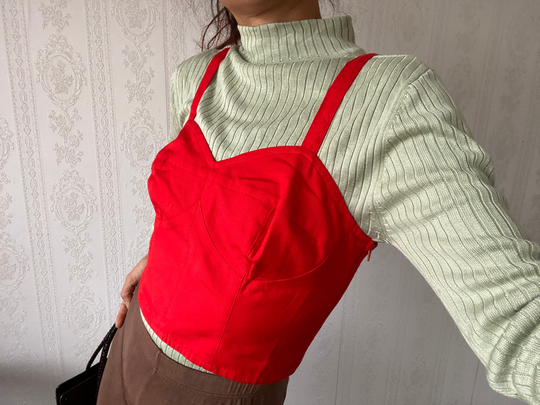 Vintage Cotton Blend Hot Red Bustier/ Mid-Drift/ Spaghetti Top/ M - Petite L