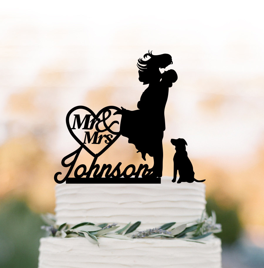 Personalized Wedding Cake Topper With Dog, Bride & Groom Silhouette Mr Mrs, 28 Different Dogs Silver Mirror Available