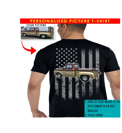 Square Body Gifts, Pickup Truck Personalized Photo T-Shirt, Gifts For Car Lovers, Classic Truck, American Flag | On The Back | Bk5