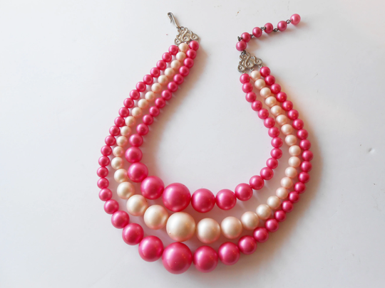 Pink Pearl Bead Necklace, Bright & Blush Beads, Triple Strand, Colorful Jewelry Gift For Her