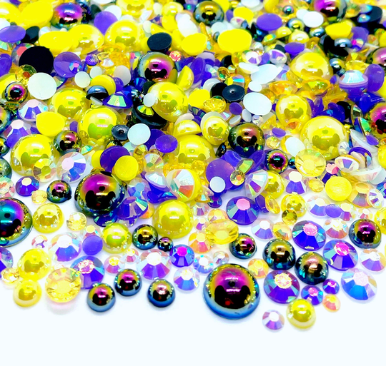 Pansy Blend Rhinestone Mix 2mm-10mm Flatback Jelly Resin | Faux Pearls Rhinestones Sizes Yellow Black Purple White