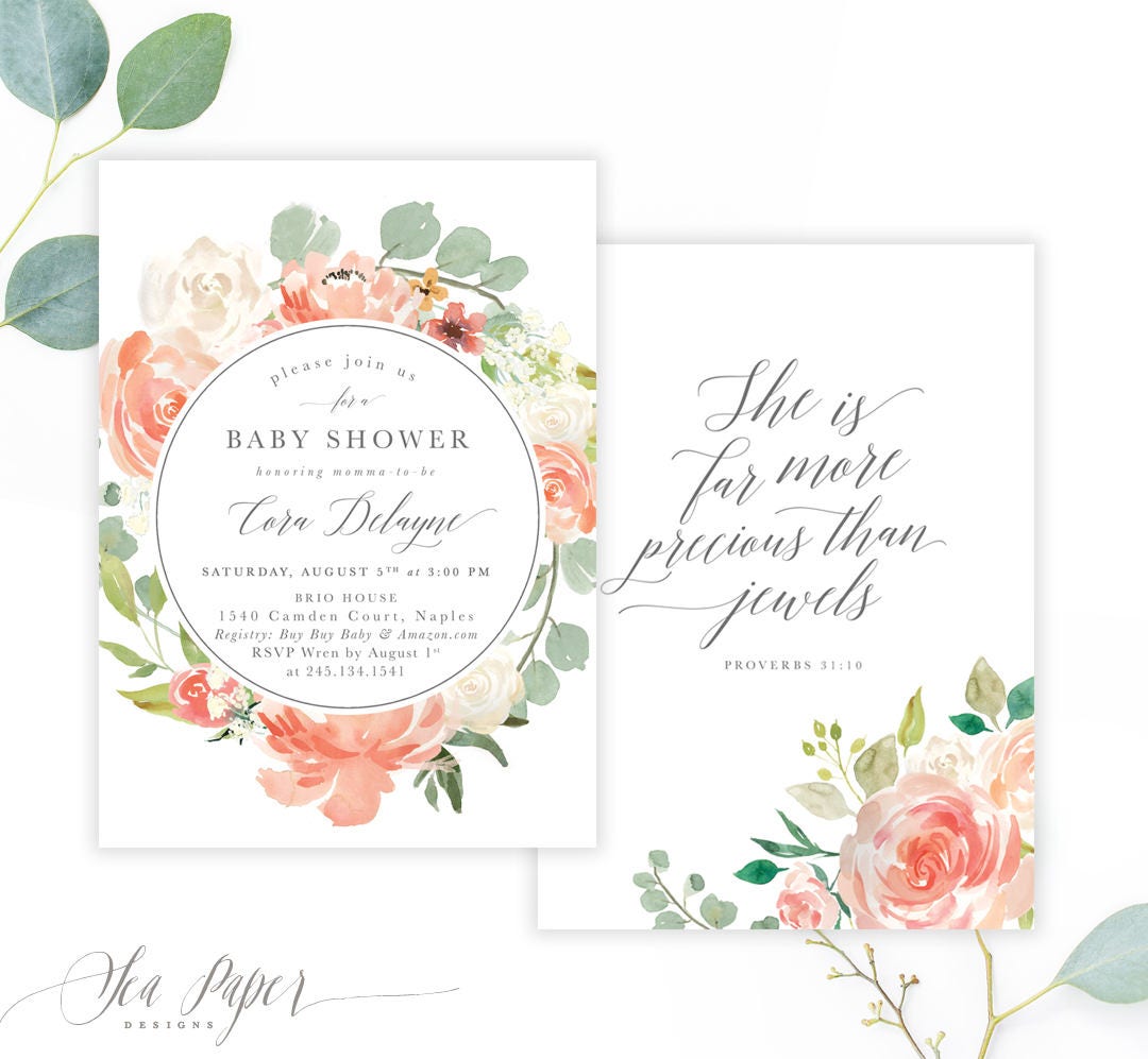 Baby Girl Shower Invitation, Invite Girl, Floral Rustic Greenery & Blush Pink Peach Roses, Printed Or Printable - Cora
