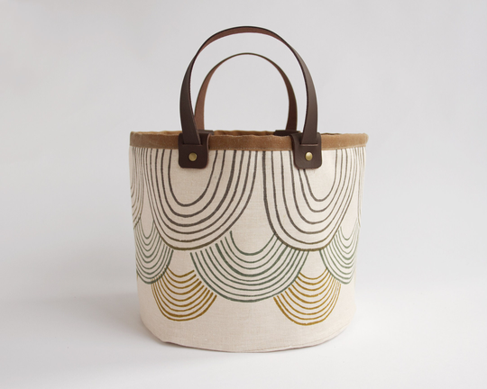 Gold Scalloped Small Basket. Bucket Bag. Storage Project Tote. Yarn Knitting Fabric Bucket