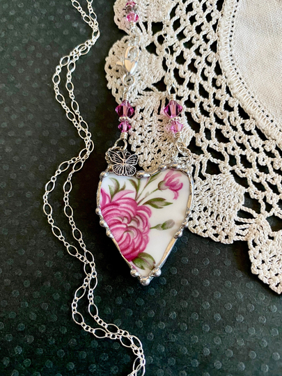 Necklace, Broken China Jewelry, Pendant, Pink Peony China, Sterling Silver, Soldered Butterfly