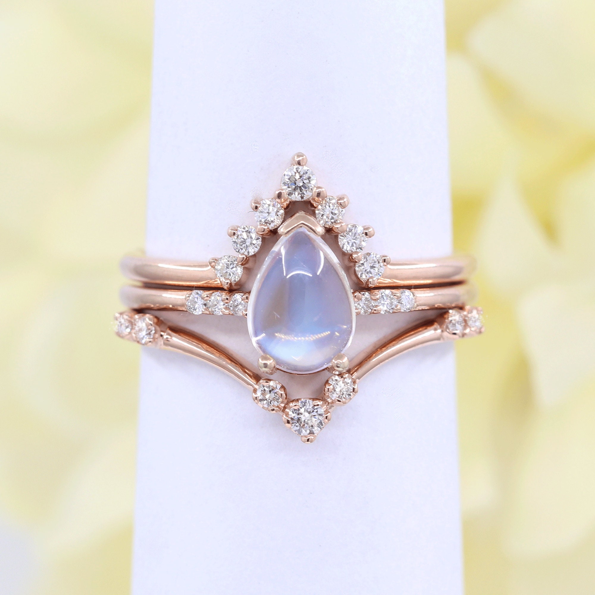 Natural Moonstone Engagement 3 Ring Set.0.28Ct Diamond Ring.14K Gold Matching Ring.moonstone Bridal Set