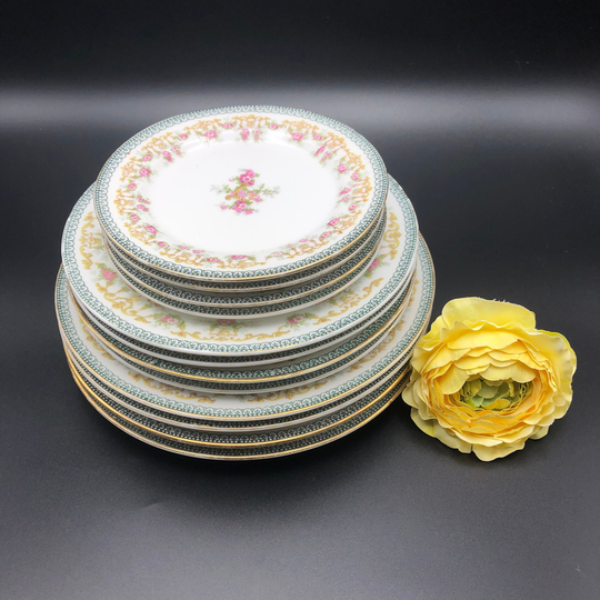 4 Place Settings Of 3 Plates By Tressemann Vogt | Tv French Limoge 1892-1907, Pink Rose Green Border, Dinner Plate, Salad Bread Plate
