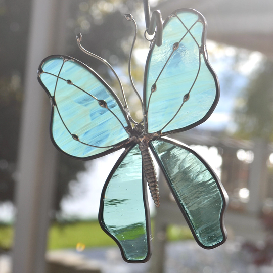 New Streaky Seafoam Green Stained Glass Butterfly Suncatcher