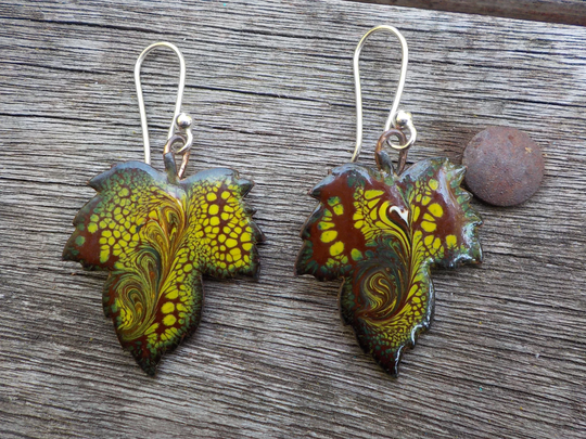 1950's Copper & Enamel Green Brown Yellow Swirl Tree Leaf Earrings Revamped With New Sterling Wires
