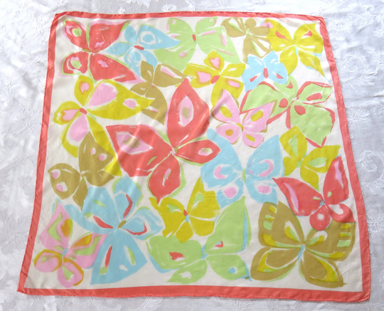 Glentex Butterfly Rayon Silk Blend Twill Scarf, Hand Rolled Hem, Spring Colors