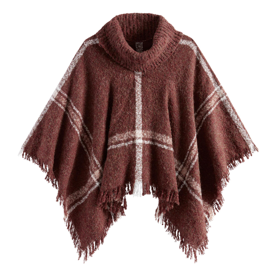 White, Wine And Black Windowpane Turtleneck Boucle Poncho: Purple - Polyester by World Market