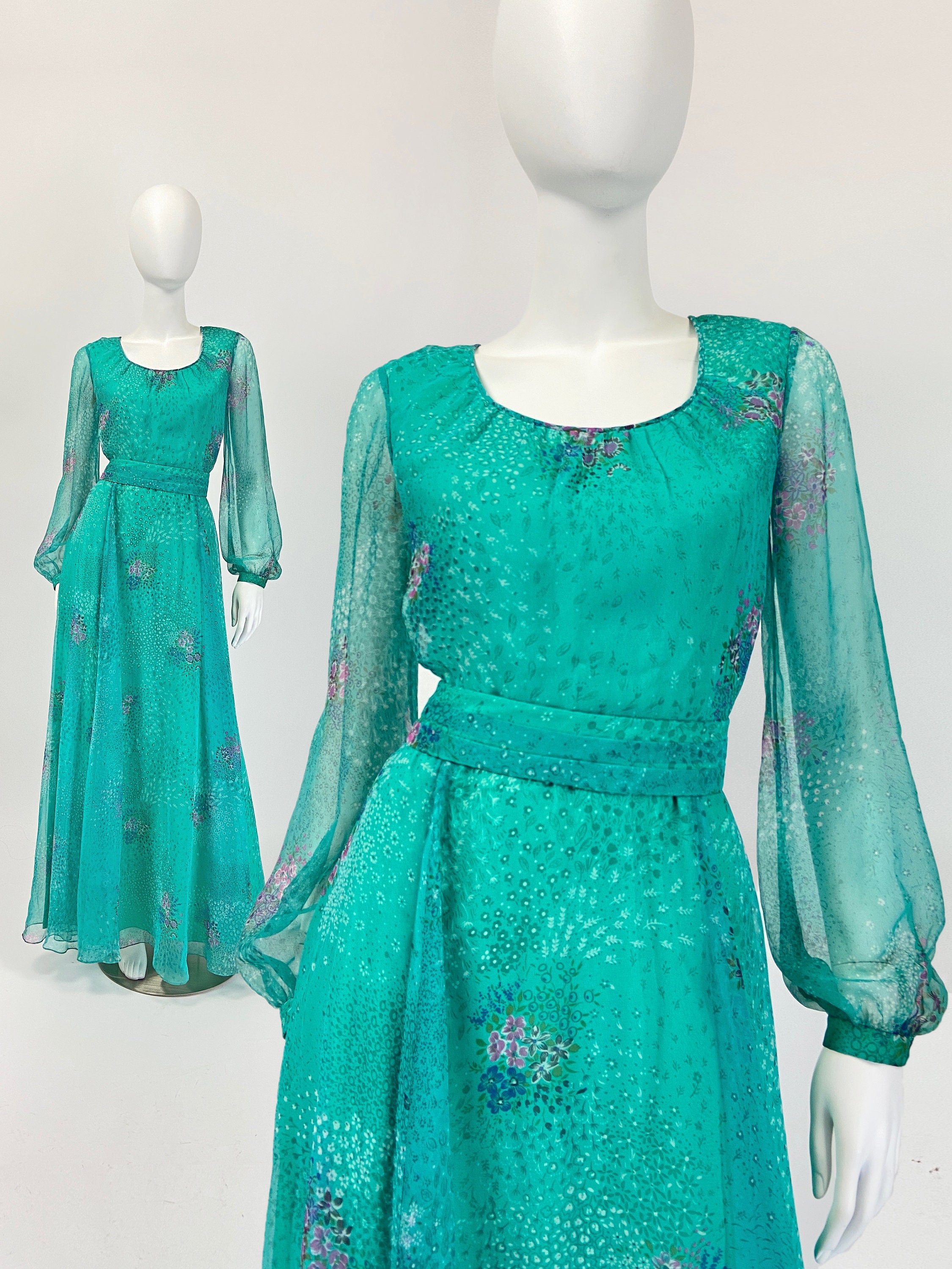 Vintage Prom Dress, Long Dress Bishop Sleeves, Chiffon Maxi With 60S 70S Medium Size 8 Us, 12 Uk