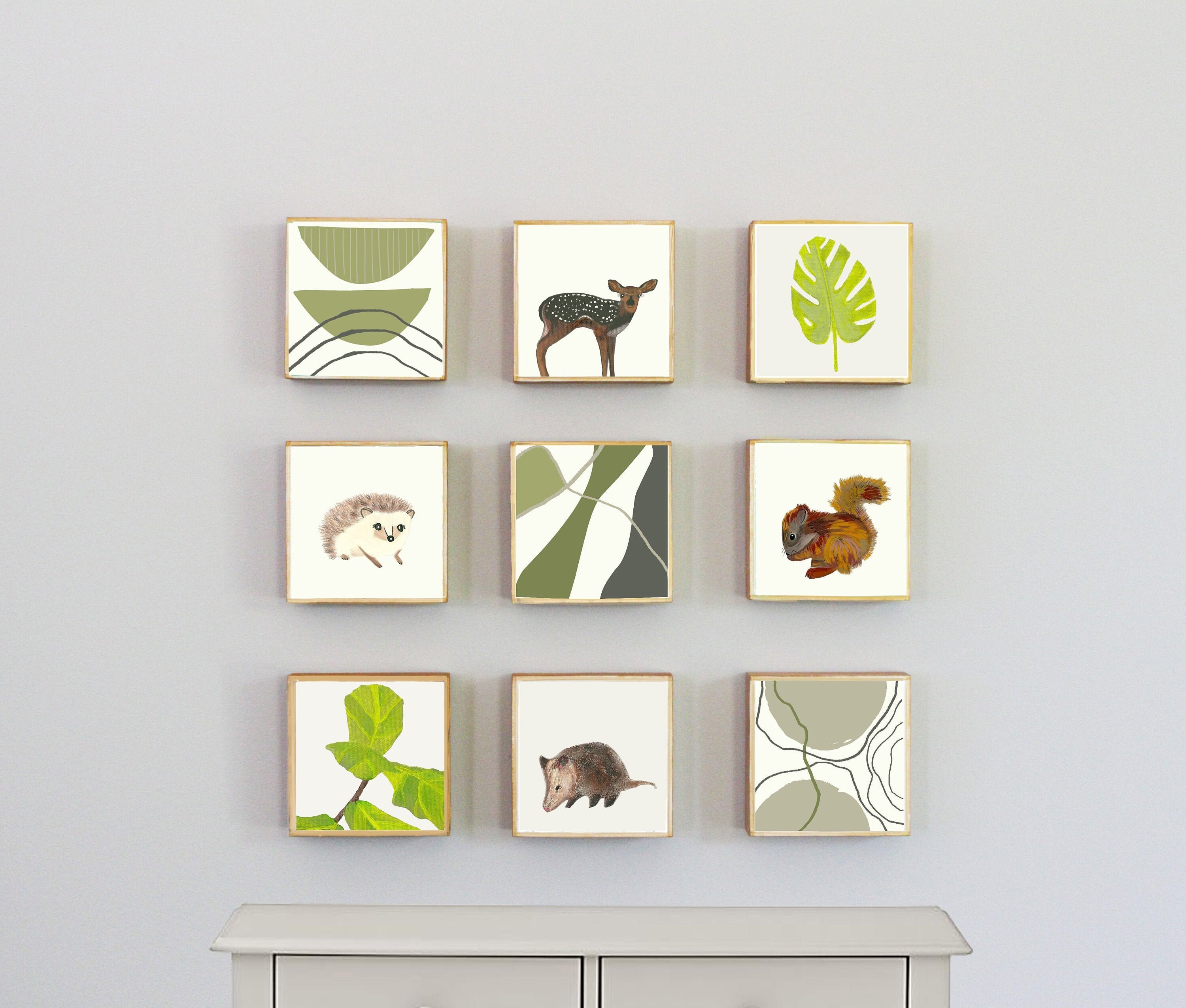 Woodland Nursery Decor, Forest Deer Squirrel 5x5 - Gender Neutral Baby, Decor For Nursery - Tree Art