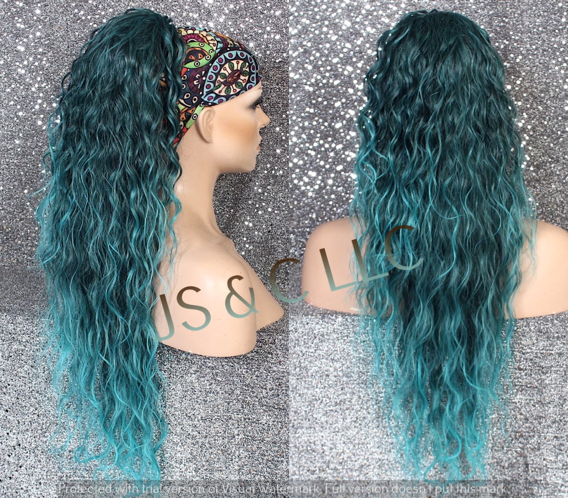 Aqua Blue Green Human Hair Blend Ponytail Piece Drawstring Extra Long Wavy Simply Put It On & Go Can Be Wrapped Around As A Bun