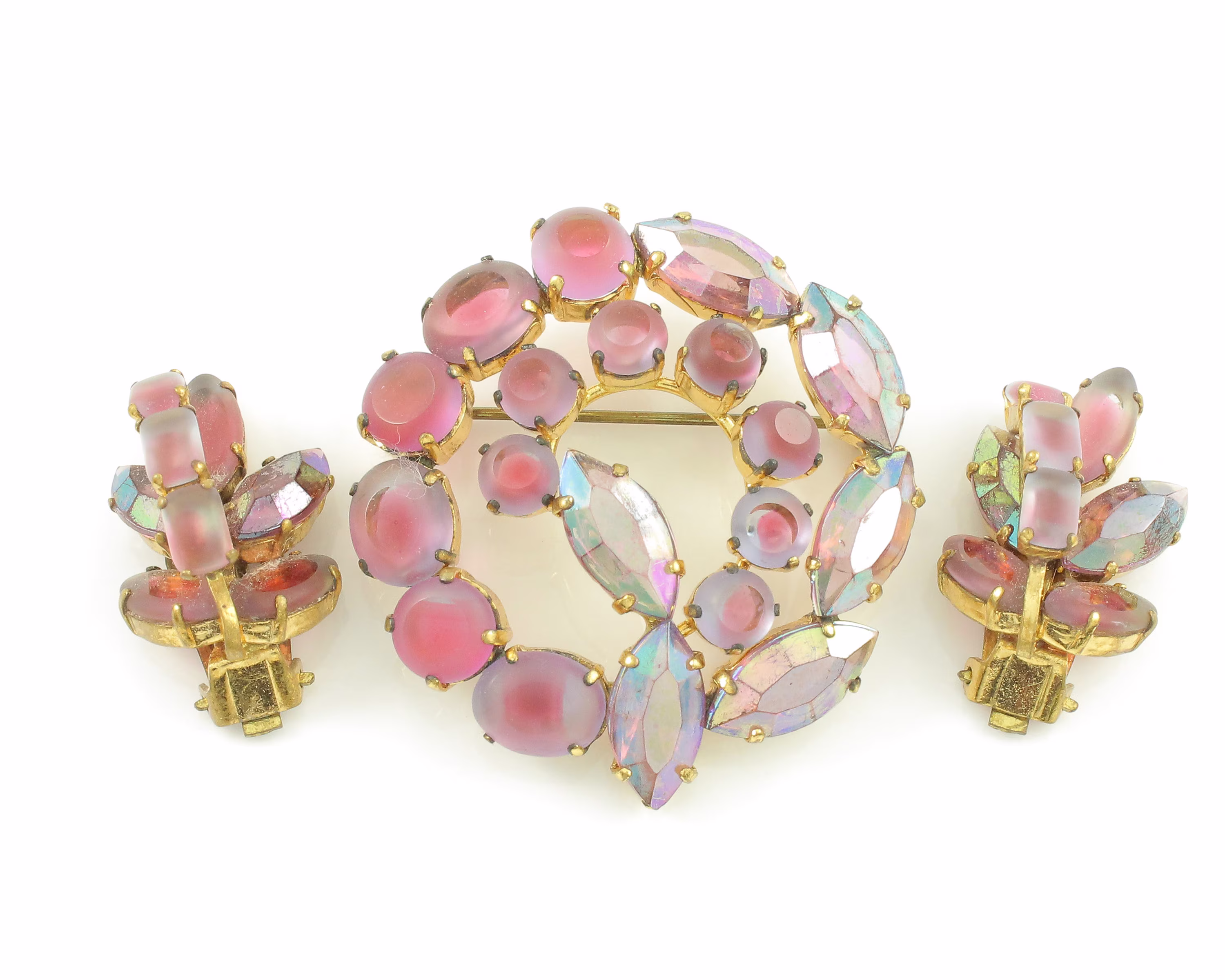 Vintage Saphiret Glass & Aurora Borealis Rhinestone Brooch Earring Set, West German Jewelry, Estate Jewelry