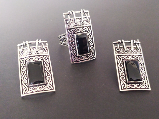 Black Onyx Silver 925 Set Rectangle Earrings & Ring Jewelry Armenian Handmade Dark Jewellery