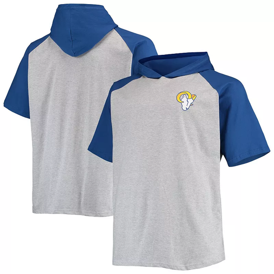 Men's Heathered Gray/Royal Los Angeles Rams Big & Tall Raglan Short Sleeve Pullover Hoodie, Size: 2XLT, Grey