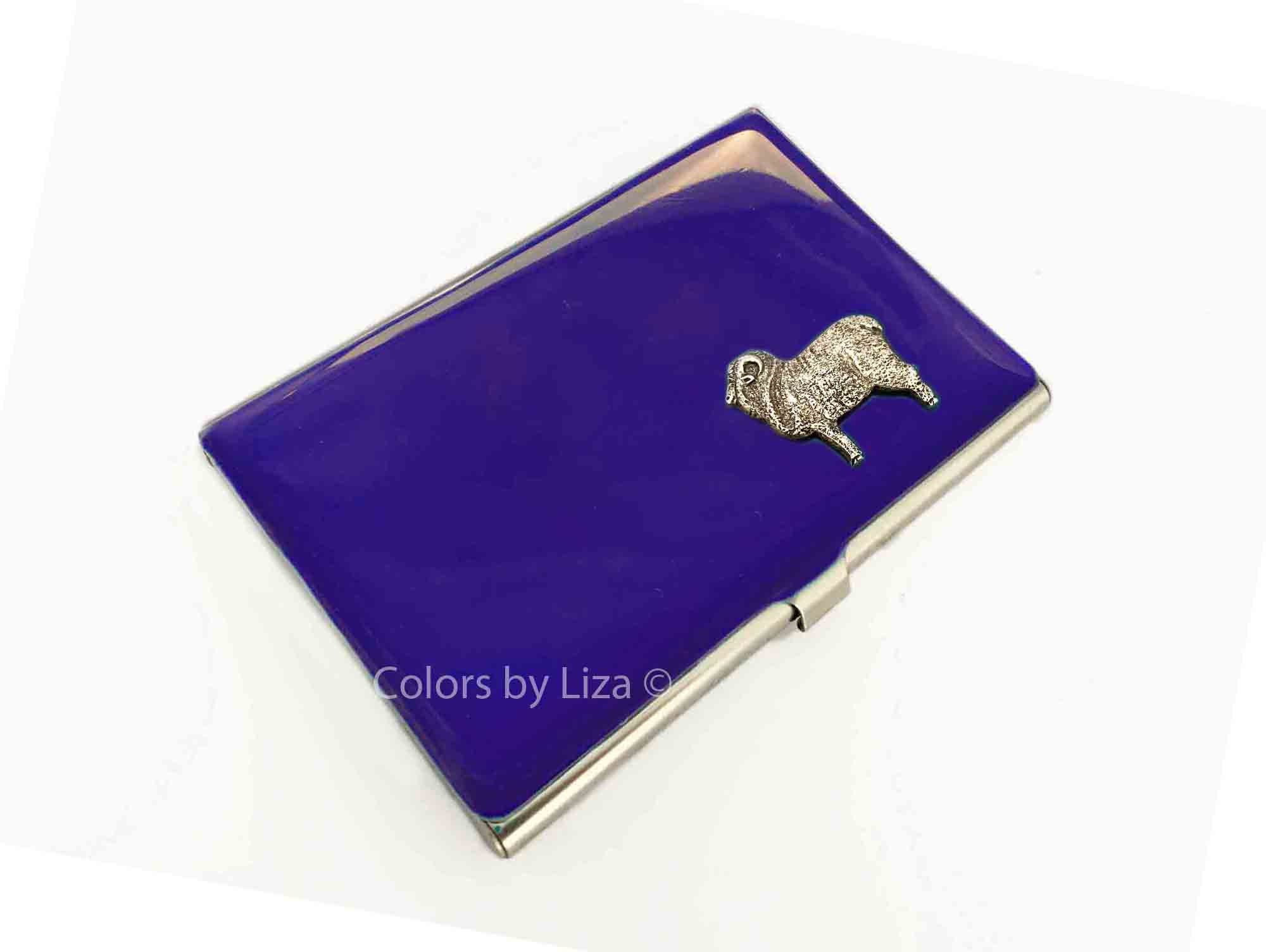 Aries Business Card Case Hand Painted Glossy Cobalt Blue Enamel Zodiac Inspired With Color & Personalized Options