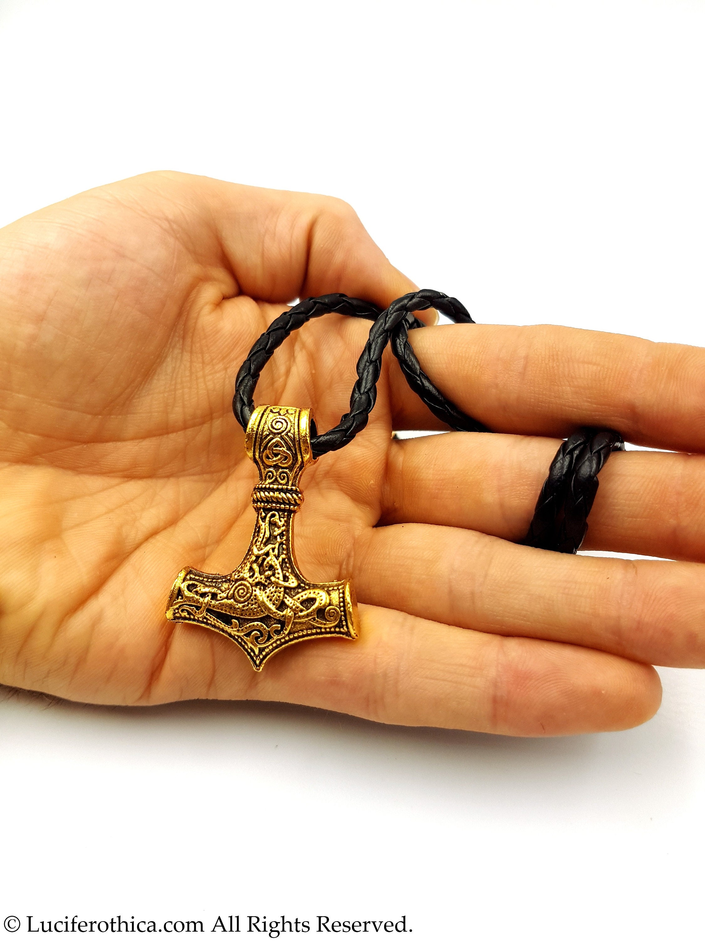 Thor Hammer Necklace | Gold Colour - Baphomet Ram Valknut Occult Goth Gothic Metal Pagan Viking Pendant God Of Thunder