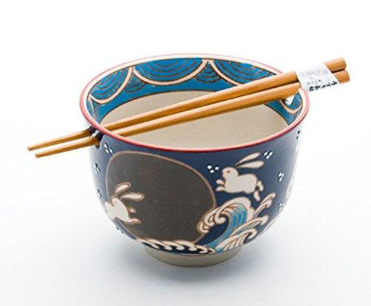 Japanese Moon Rabbit Design Quality Ramen Udon Noodle Bowl With Chopsticks Gift Set 5 Inch Diameter 16 Fl Oz