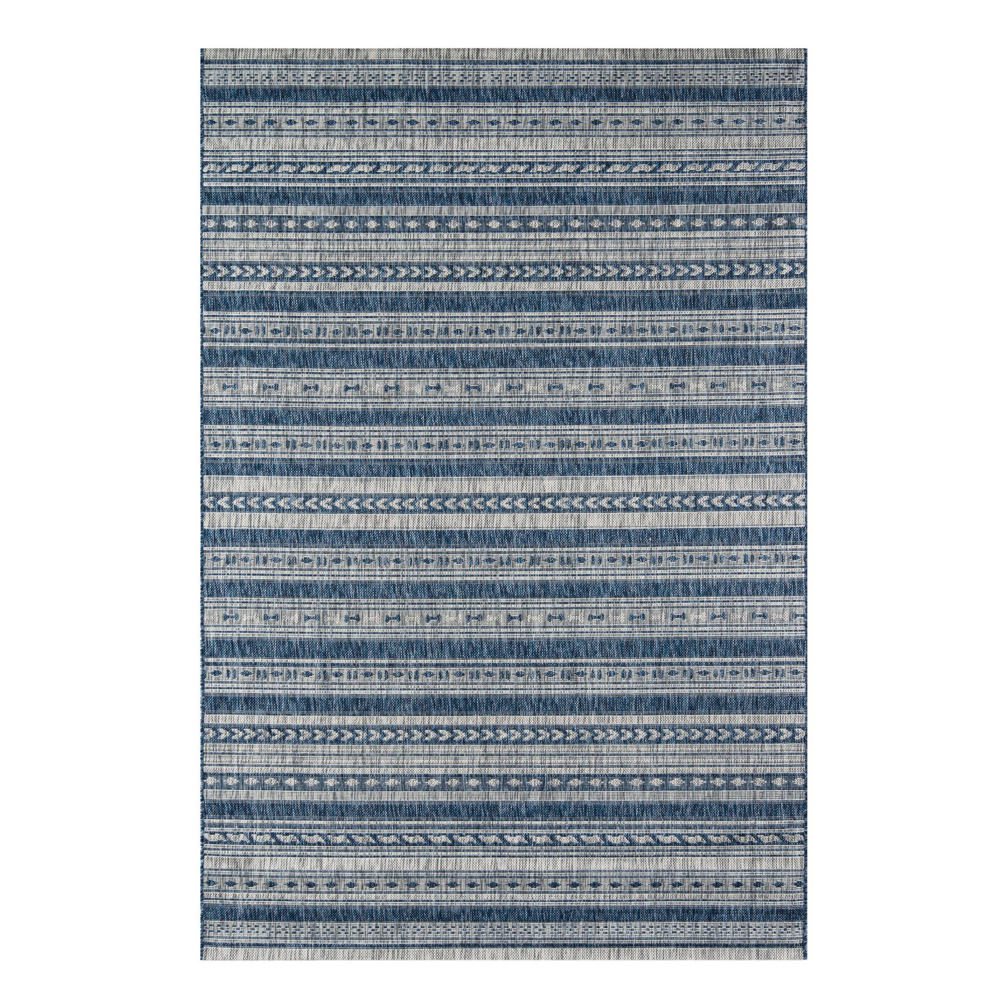 Blue and Ivory Geometric Stripe Lucca Indoor Outdoor Patio Rug - Polypropylene - 8' x 10' by World Market