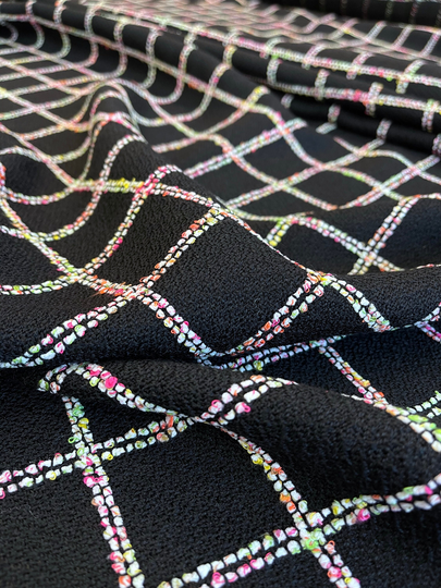 Black Boucle Fabric, Check Wool Blend Tweed With Pink White Green Textured Windowpane, For Suit, Coat, Jacket, By 2.0 Meter