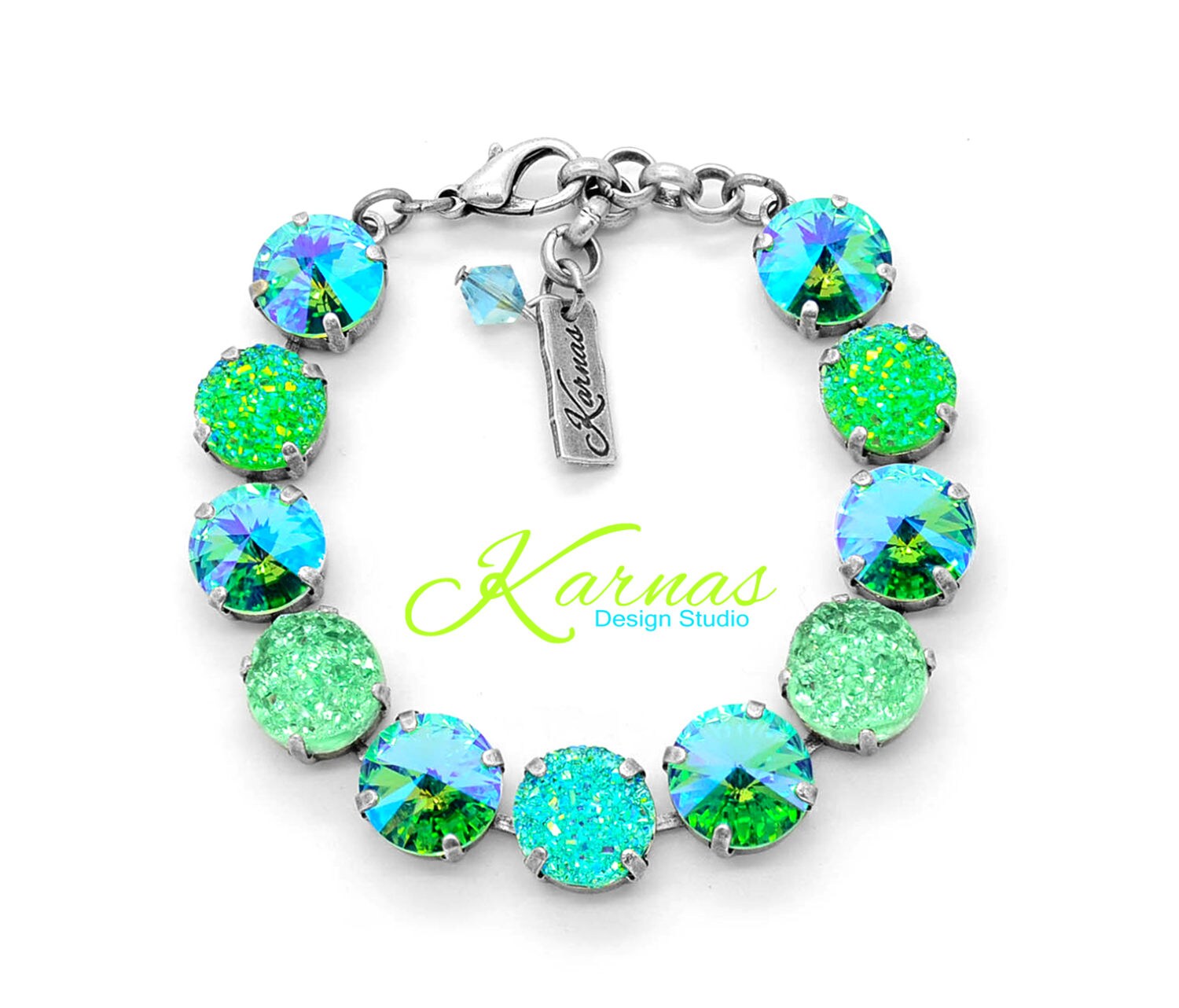 Green With Envy 12mm Rivoli & Druzy Bracelet Made With Crystal Choose Your Finish Karnas Design Studio Free Shipping