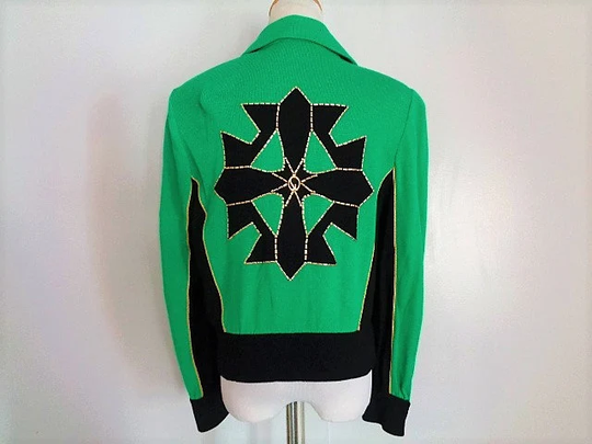 st. John Collection Marie Gray Made in USA Green Black Gold Accents Celtic Knot Beaded Back Knit Wool Blend Cardigan Sweater Enamel Buttons