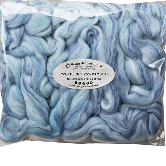 Merino Bamboo Blend Wool Spinning Fiber, Soft Combed Top Roving For Hand Spinning, Drop Spindle, Needle Wet Nuno Felting. Alaska Glaciers