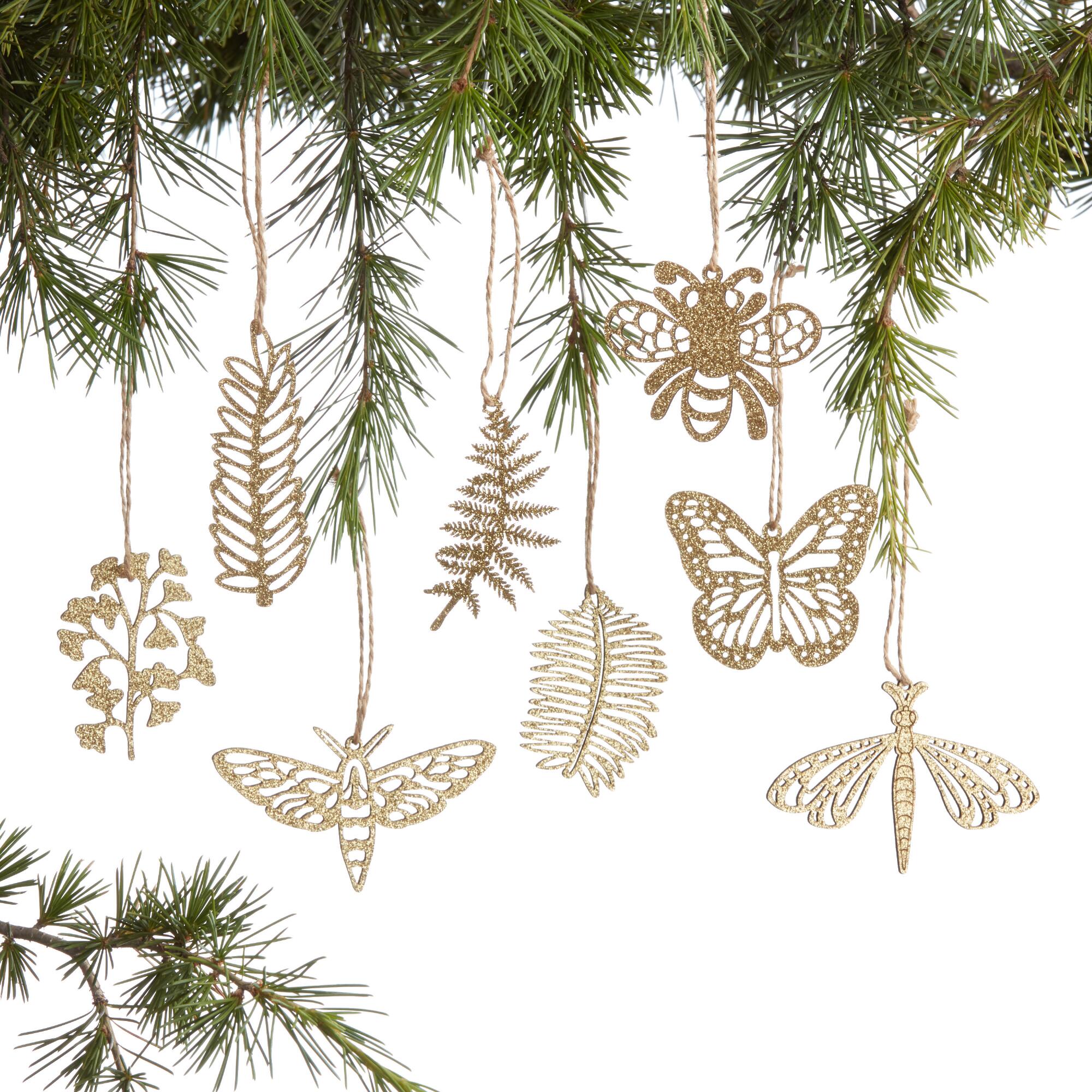 12 Pack Laser Cut Wood Fern and Bug Boxed Ornaments Set Of 2: Gold by World Market