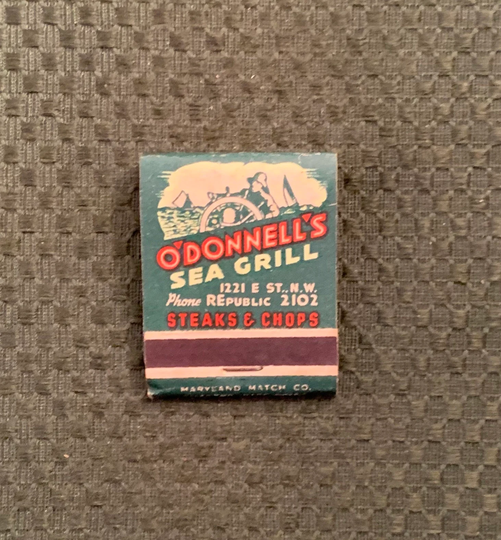 Vintage Matchbook, Odonnells, Sea Grill, Restaurant, Washington, Dc, Oysters, Front Strike, with 20 Match Sticks, Free Ship in Usa