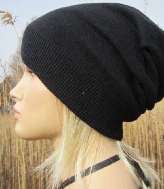 Cashmere Blend Unisex Slouchy Beanie Fine Black Hat A49